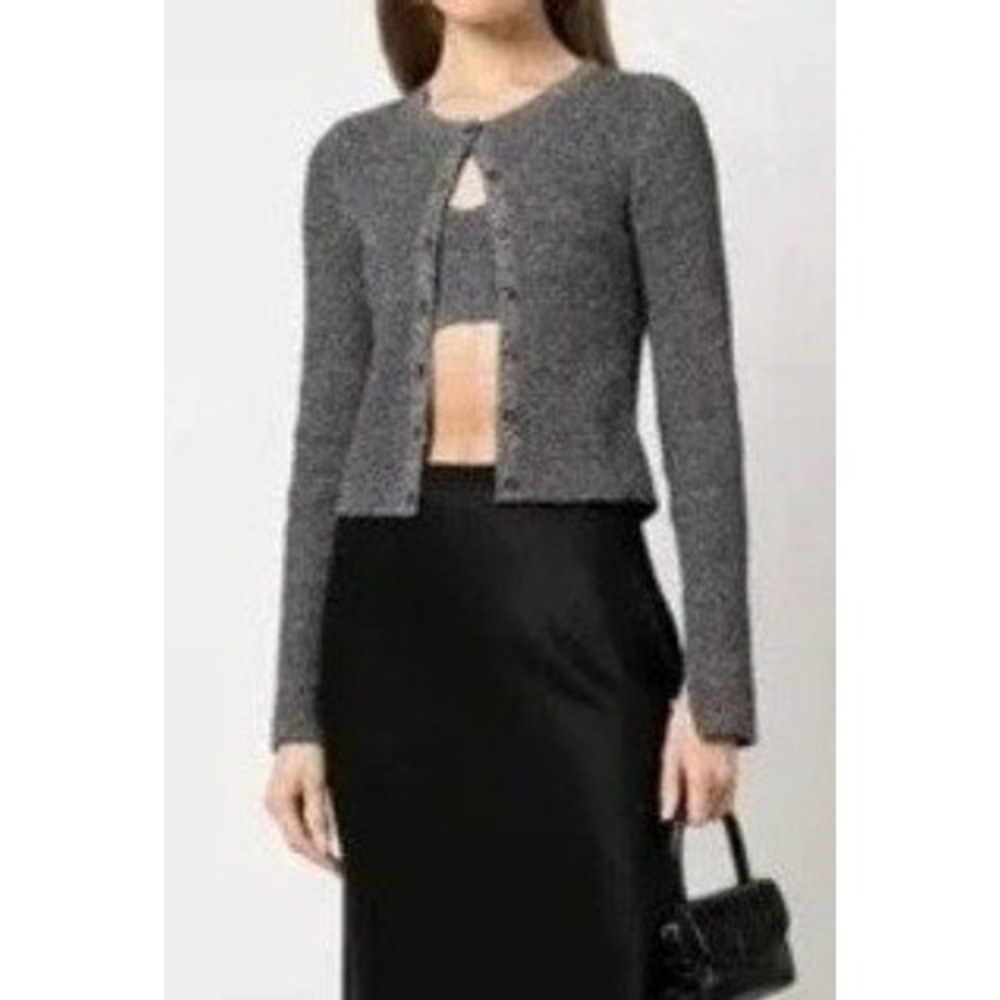 Apparis Gray Cropped Cardigan Stretchy Nubby Split Cuff Quiet Luxury Knit Sz S